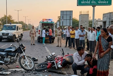 પોરબંદરમાં વહેલી સવારે અકસ્માત: બે બાઈકની ટક્કરમાં ત્રણ યુવાનોના મોત થયા.