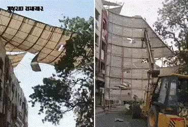 VIDEO: જામનગરમાં તોફાની પવનથી ઉડેલો ડોમ વીજ તાર ઉપર લટક્યો, ભારે જહેમત બાદ નીચે ઉતારાયો