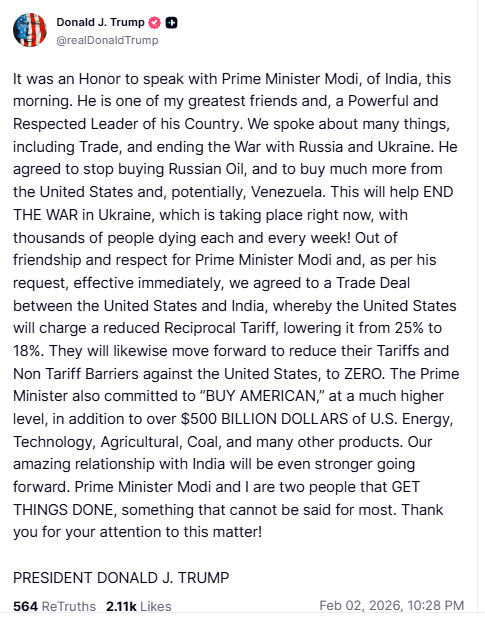 ‘ભારત રશિયા પાસેથી તેલ ખરીદવાનું બંધ કરશે’ ટેરિફ ઘટાડવાની જાહેરાત કર્યા બાદ ટ્રમ્પનો દાવો 2 - image
