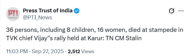 તમિલનાડુમાં અભિનેતા વિજય થલપતિની રેલીમાં નાસભાગ, મૃતકાંક 39 થયો, 95થી વધુ ઈજાગ્રસ્ત 2 - image