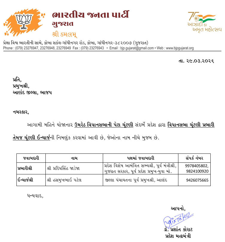 આણંદ: ઉમરેઠ વિધાનસભા પેટા ચૂંટણી માટે ભાજપે પ્રભારી-ચૂંટણી ઈન્ચાર્જની કરી નિમણૂક 2 - image