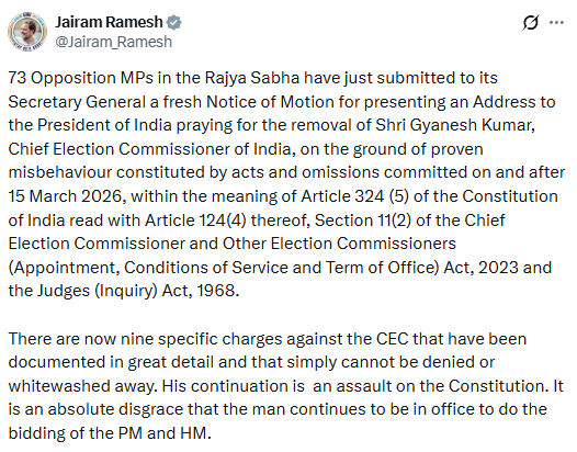 કોંગ્રેસ સહિત 73 સાંસદોએ રાષ્ટ્રપતિને લખ્યો પત્ર, CEC જ્ઞાનેશ કુમાર વિરુદ્ધ મહાભિયોગ પ્રક્રિયાની માંગ 2 - image