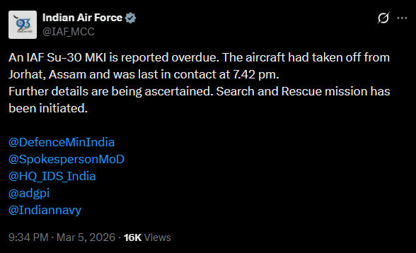 ભારતીય વાયુસેનાનું Su-30MKI ફાઈટર જેટ ગુમ, IAFએ કહ્યું,-'રડારથી સંપર્ક તૂટયો' 2 - image