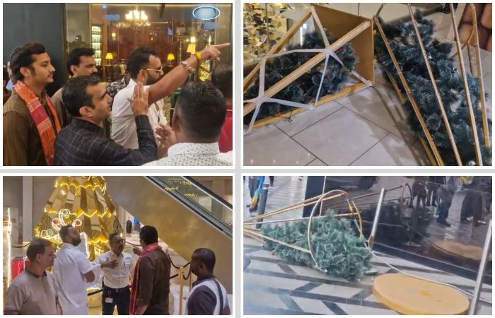 અમદાવાદના પેલેડિયમ મોલમાં તોડફોડ: ભગવા સેનાએ ક્રિસમસ ટ્રી પાડ્યું, પોલીસે કાર્યકરોની કરી અટકાયત 1 - image