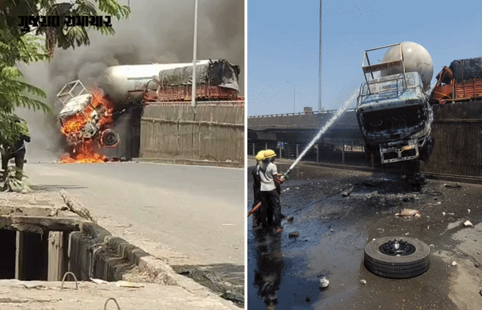 વાપીમાં અકસ્માત બાદ ભીષણ આગ, સળગતું કન્ટેઇનર બ્રિજ પર લટકી ગયું