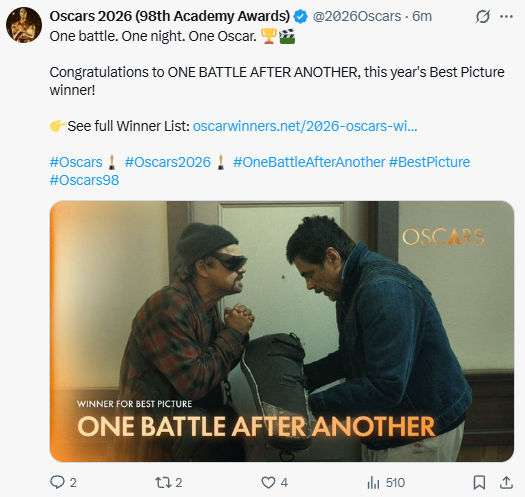 Oscars 2026 : 'વન બેટલ આફ્ટર અનધર' ફિલ્મે જીત્યો બેસ્ટ પિક્ચર એવોર્ડ, માઈકલ બી. જોર્ડન બેસ્ટ એક્ટર, જેસિકા બકલી બેસ્ટ એક્ટ્રેસ 2 - image