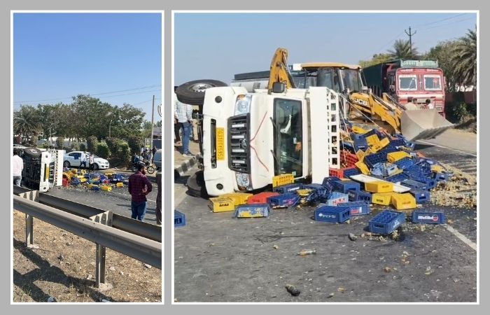 જામનગર-ખંભાળિયા હાઇવે પર ઠંડા પીણાની બોટલો ભરેલો ટેમ્પો પલટ્યો, રસ્તા પર કાચના ટુકડા વેરવિખેર 2 - image