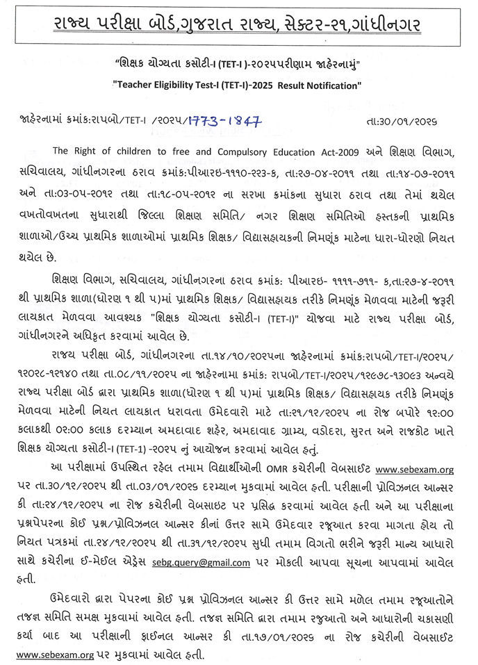 શિક્ષક બનવાનું સપનું જોતા ઉમેદવારો માટે મોટા સમાચાર, TET-1નું પરિણામ જાહેર 3 - image