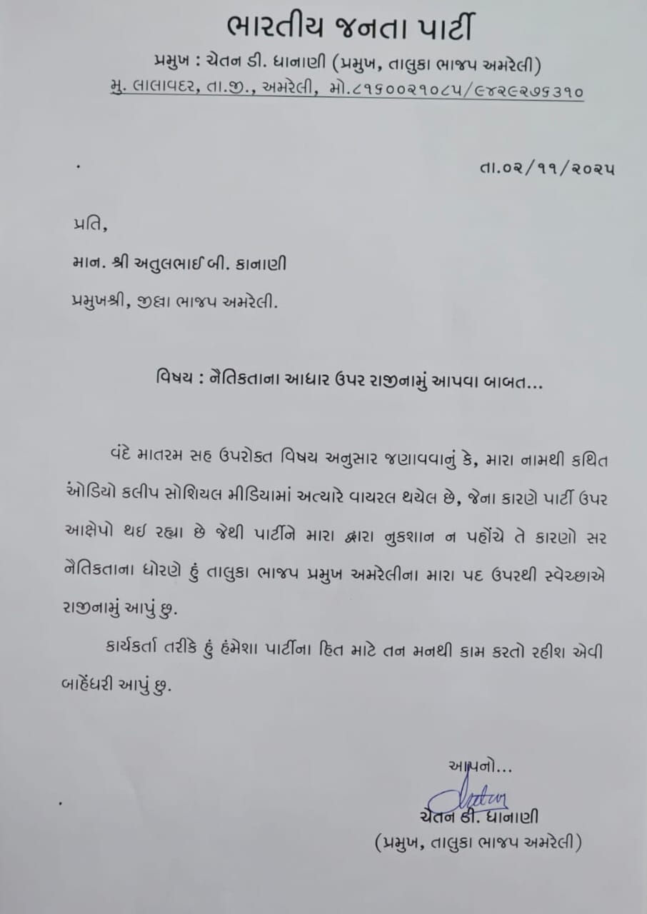 અમરેલીના તાલુકા ભાજપ પ્રમુખ ચેતન ધાનાણીનું રાજીનામું, ધમકીની ઓડિયો ક્લિપ વાયરલ થતાં વિવાદ 2 - image