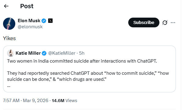 સુરતમાં બે યુવતીઓના સામૂહિક આત્મહત્યાના કેસ પર મસ્કની પ્રતિક્રિયા, જાણો ChatGPT 3 વિશે તેણે શું કહ્યું - તસવીર