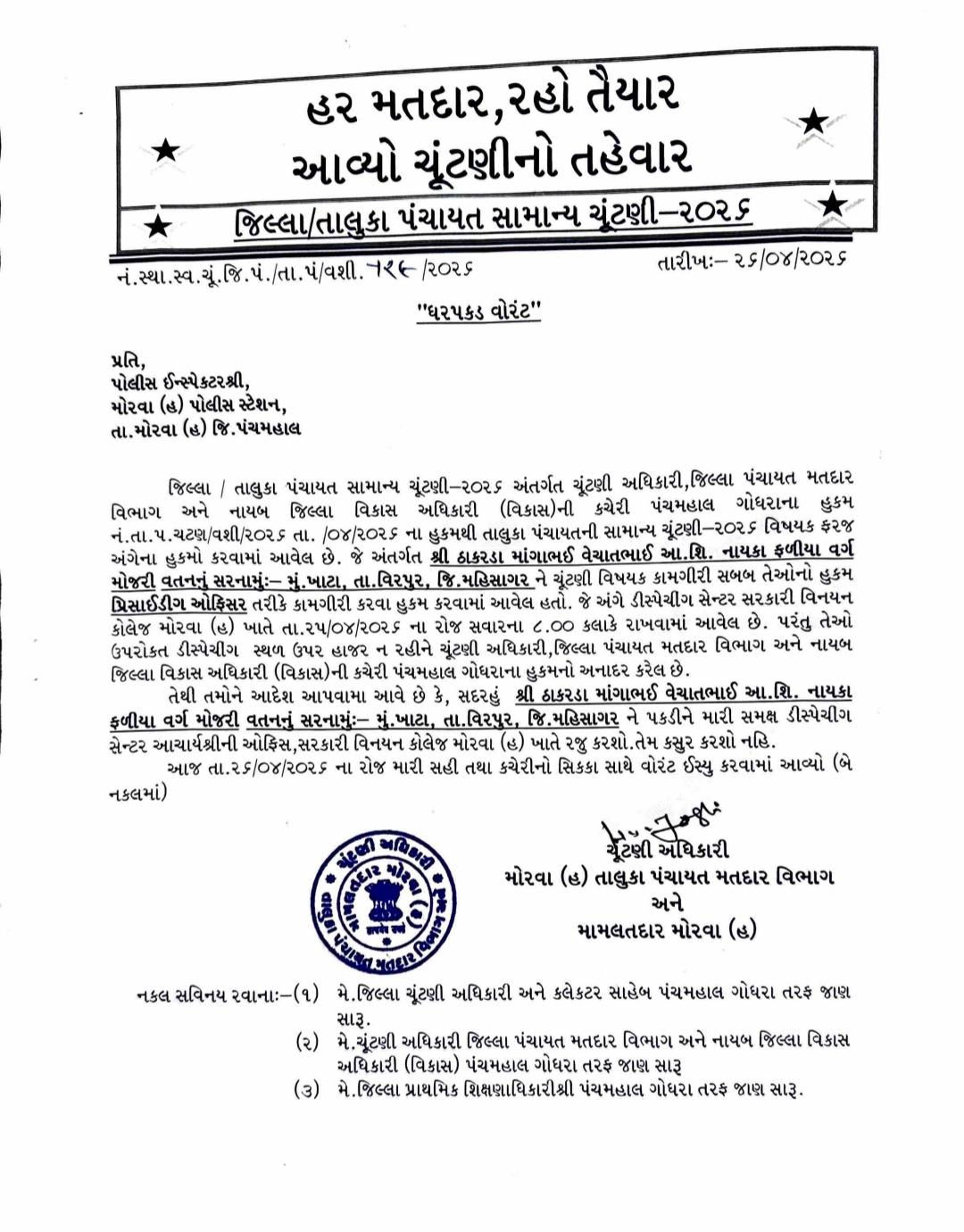 ચૂંટણી ફરજમાં બેદરકારી ભારે પડી: મોરવાહડફમાં પ્રિસાઈડિંગ ઓફિસર સામે ધરપકડ વોરંટ જાહેર 2 - image