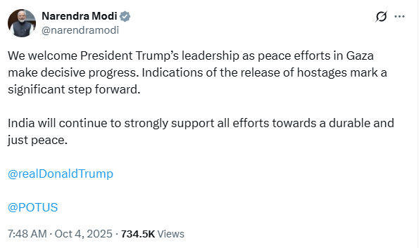 ગાઝા અંગે ટ્રમ્પના પીસ પ્લાનને વડાપ્રધાન મોદીનું ખુલ્લેઆમ સમર્થન, કહ્યું - ભારત શાંતિની પડખે 2 - image
