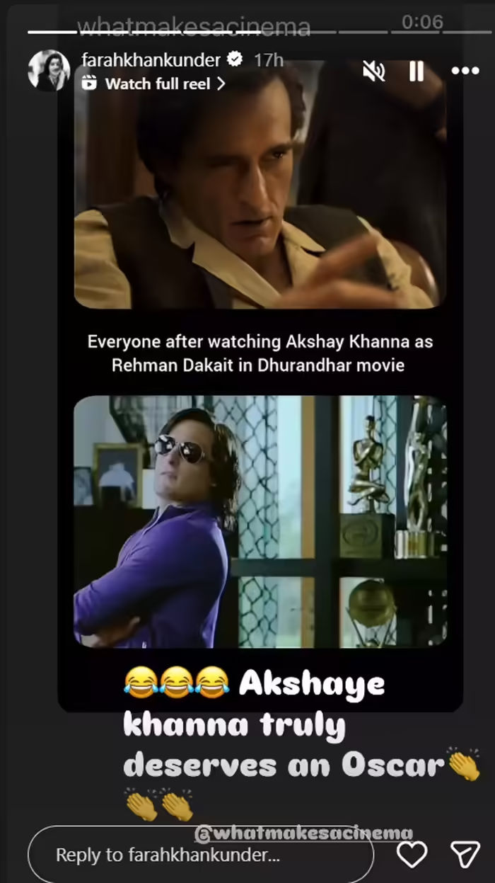 'ધુરંધર'માં જોરદાર એક્ટિંગના કારણે અક્ષય ખન્ના માટે ઓસ્કારની ડિમાન્ડ! ફરાહ ખાને શેર કર્યો વીડિયો 2 - image
