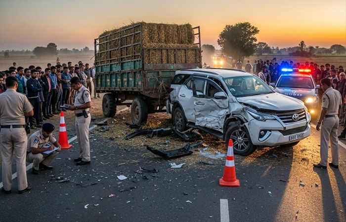 પૂરપાટ દોડતી કાર ટ્રેક્ટર ટ્રોલીમાં ઘૂસી, ગ્વાલિયર ઝાંસી હાઈવે પર ગમખ્વાર અકસ્માતમાં 5ના મોત 1 - image