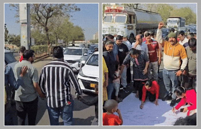 અમદાવાદનો એસપી રિંગ રોડ ચક્કાજામ, વૈષ્ણોદેવીથી ઝુંડાલ જતા આવતો ડિવાઇડર કટ બંધ કરાતા સ્થાનિકોમાં રોષ 5 - image