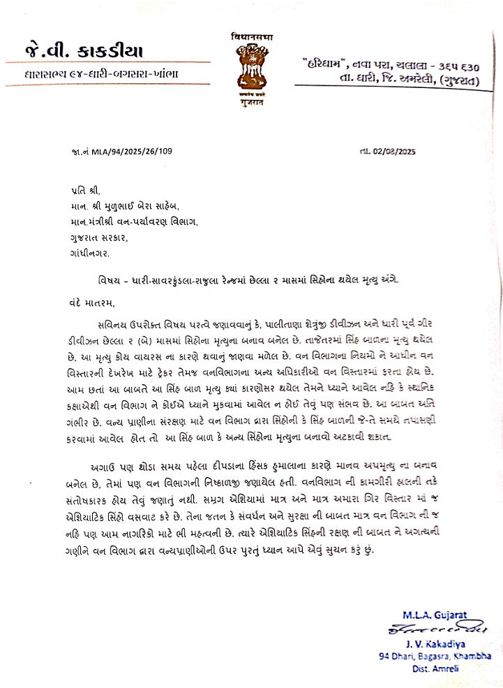 સિંહબાળના મોત મામલે ભાજપના ધારાસભ્યનો લેટર બોમ્બ, વનવિભાગની કામગીરી સામે ઉઠાવ્યા ગંભીર સવાલો 2 - image