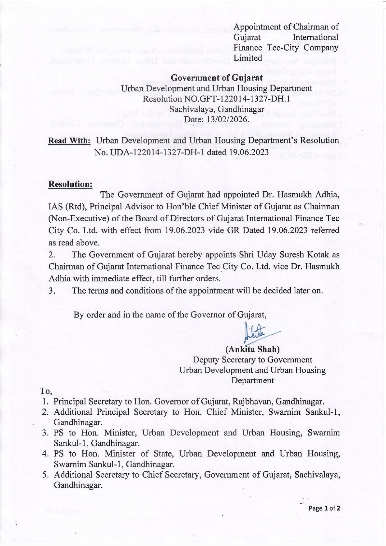 ગાંધીનગર: GIFT સિટીના નવા ચેરમેન તરીકે ઉદય કોટકની નિમણૂક, હસમુખ અઢિયાનું લેશે સ્થાન 2 - image