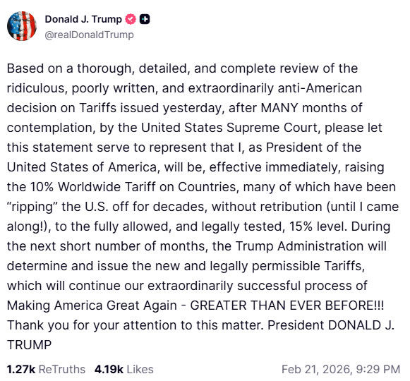 BIG BREAKING: ટ્રમ્પનો ટેરિફ બોમ્બ, ગ્લોબલ ટેરિફ 10% થી વધારી 15% કર્યો 2 - image