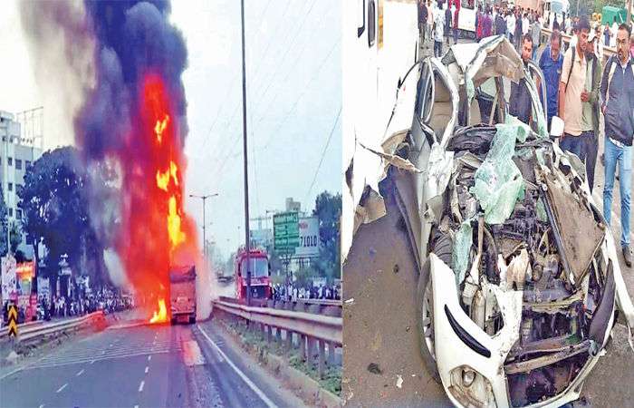 પુણેના કન્ટેનરની બ્રેક ફેઈલ થતાં 15 વાહનોને ટક્કર બાદ આગ: આઠનાં મોત 1 - image