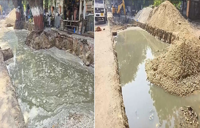 વડોદરાના મકરપુરા એસટી ડેપો પાસે માર્ગ પહોળા કરવાની કામગીરીમાં બેદરકારી : બે દિવસમાં બીજીવાર લાઇન તૂટી 1 - image