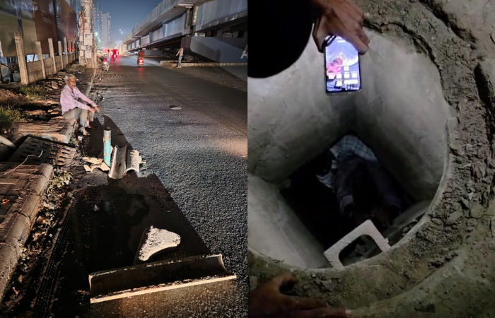 Man falls into open gutter on Ahmedabad's Makarba Road, youth rescues elderly victim