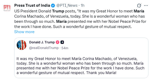 આખરે ડોનાલ્ડ ટ્રમ્પની ઈચ્છા પૂરી થઇ! મારિયા મચાડોએ નોબેલ પુરસ્કાર ટ્રમ્પને ભેટ કર્યો 3 - image