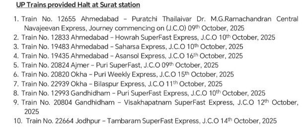 સુરત સ્ટેશન પર ઊભી રહેશે 62 ટ્રેનો, દિવાળી-છઠ પૂજાની ભીડને જોતાં રેલવેનો નિર્ણય; જુઓ લિસ્ટ 2 - image