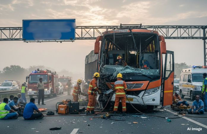 વડોદરામાં NH-48 પર ફરી ગમખ્વાર અકસ્માત, બસ-ટ્રકની ધડાકાભેર ટક્કર, એકનું મોત 1 - image