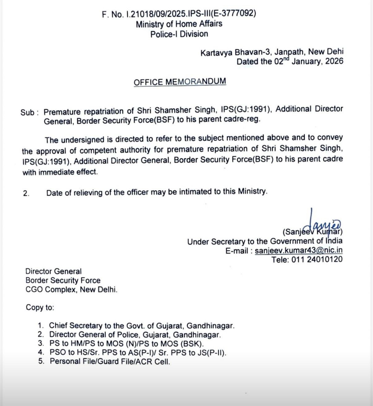 ગુજરાત પોલીસ બેડામાં મોટા ફેરફારના સંકેત?: સિનિયર IPS શમશેર સિંઘ ગુજરાત કેડરમાં પરત ફરશે, કેન્દ્રએ આપી મંજૂરી 2 - image