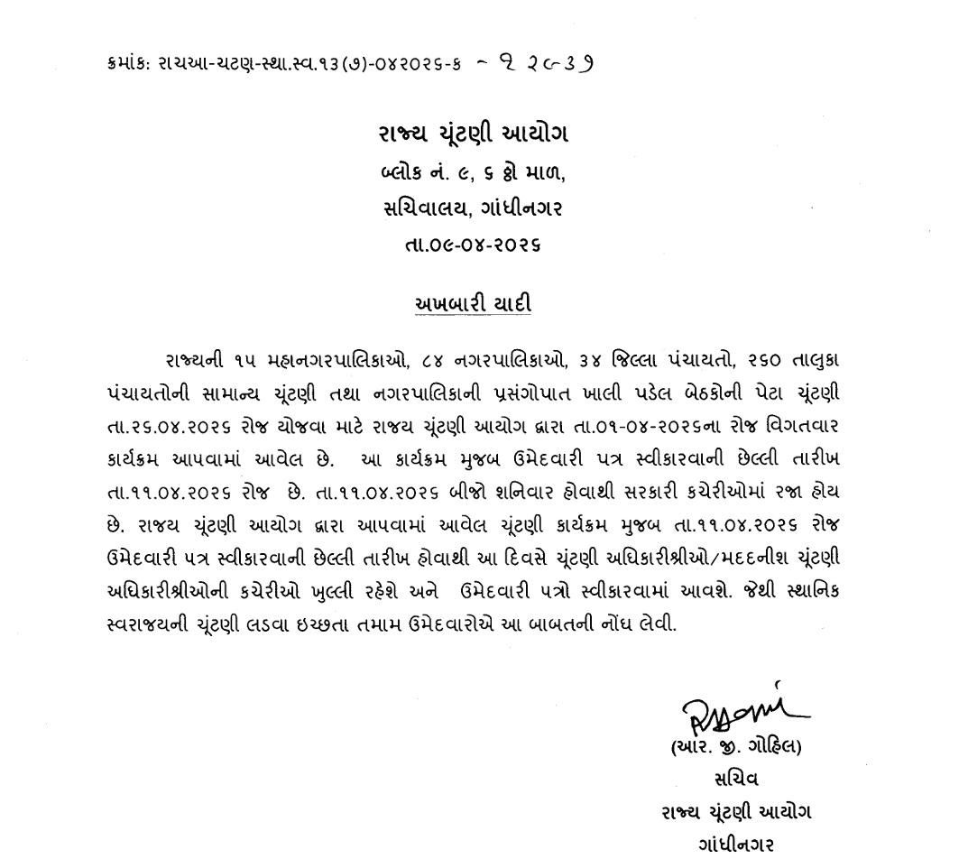 સ્થાનિક સ્વરાજ્યની ચૂંટણી: બીજા શનિવારે રજા છતાં આ કચેરીઓ ખુલ્લી રહેશે, ચૂંટણી પંચનો મહત્ત્વનો નિર્ણય 2 - image