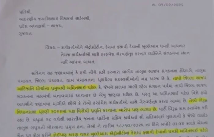 તાપી ભાજપમાં 'તડા'?: અમિત પટેલને મહામંત્રી બનાવવાના વિરોધમાં 41 કાર્યકરો મેદાને, પ્રદેશ પ્રમુખ સુધી પહોંચી ફરિયાદ 2 - image