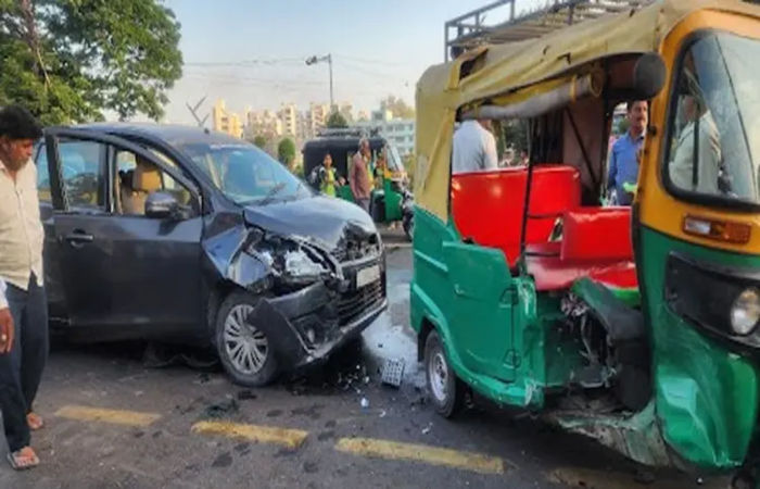 Four injured as speeding car rams auto-rickshaw near Dafnala crossroads in Shahibaug