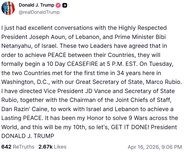 BIG NEWS: ઈઝરાયલ-લેબેનોન વચ્ચે 10 દિવસનું યુદ્ધવિરામ, ટ્રમ્પે કરી જાહેરાત; 34 વર્ષ બાદ આમને-સામને વાતચીત 2 - image