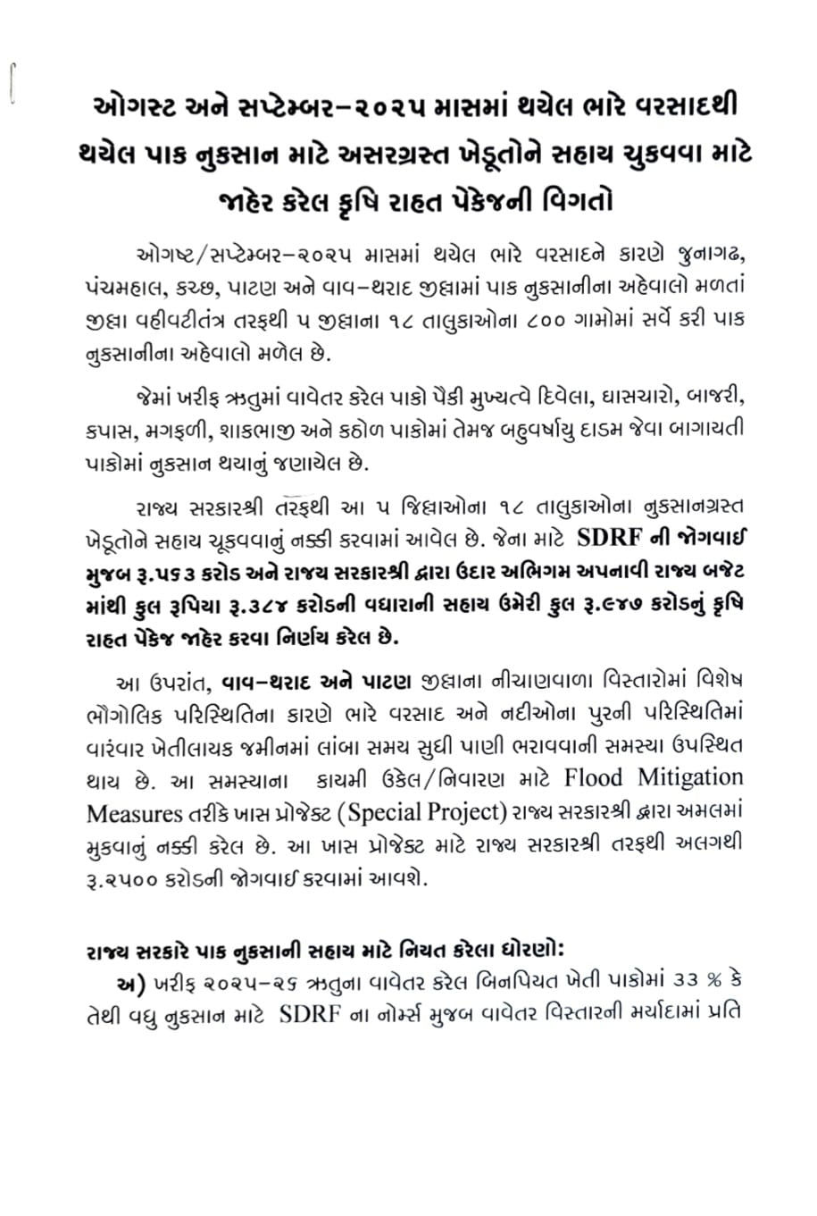 BIG NEWS: ગુજરાતના ખેડૂતો માટે દિવાળીના દિવસે મોટી જાહેરાત, રૂ. 947 કરોડનું કૃષિ રાહત પેકેજ જાહેર 2 - image