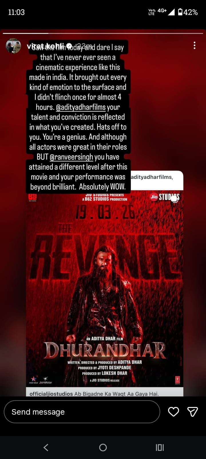 આવું ક્યારેય નથી જોયું... કોહલીએ કર્યા ધુરંધર-2ના વખાણ, રણવીર સિંહ માટે લખ્યો સ્પેશિયલ મેસેજ 2 - image