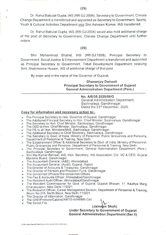 BREAKING: રાજ્યના 26 IAS અધિકારીઓની બદલી, સંજીવ કુમારની CMના પ્રિન્સિપાલ સેક્રેટરી તરીકે નિમણૂક 6 - image