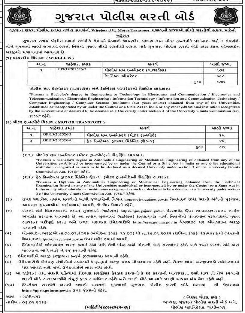 ગુજરાત પોલીસના ટેકનિકલ વિભાગમાં 950 જગ્યાઓ પર નોકરીની સુવર્ણ તક, જાણો લાયકાત અને અરજીની વિગત 2 - image
