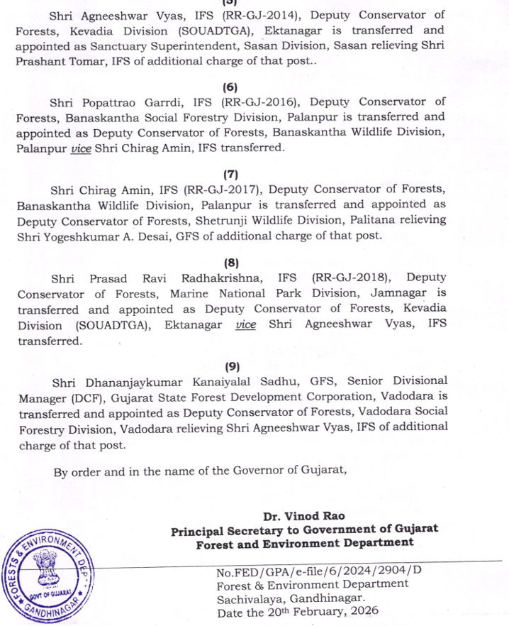 વન વિભાગમાં મોટો ફેરફાર: IFS અને GFS અધિકારીઓની મોટાપાયે બદલી, જુઓ યાદી 3 - image