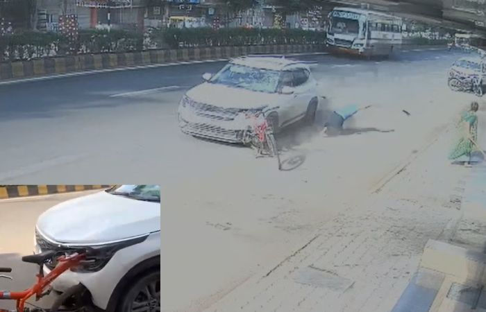 CCTV captures speeding Kia car ramming cyclist in Krishnanagar Ahmedabad
