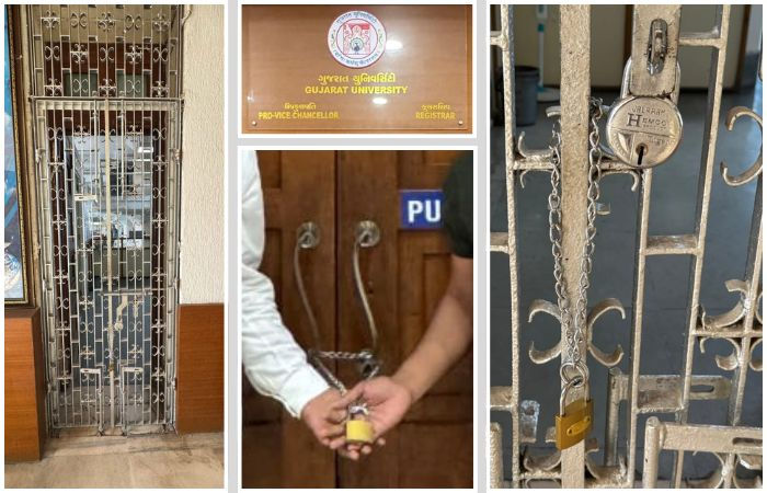 GUમાં હોબાળો: અધિકારીઓની લેટ-લતીફી સામે NSUI લાલઘૂમ, યુનિવર્સિટીમાં તાળાબંધી 2 - image