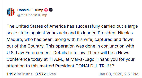 વેનેઝુએલા પર હુમલા બાદ અમેરિકાએ માદુરો અને તેમની પત્નીને કેદ કર્યા, ટ્રમ્પની જાહેરાત 2 - image