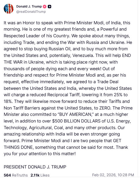 અમેરિકામાં ભારતની વસ્તુઓ પર હવે 25થી ઘટી 18 ટકા ટેરિફ, સામે અમેરિકાથી આયાત થતી ચીજો પર શૂન્ય થશે 2 - image