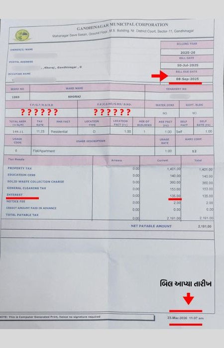 'વેરા બિલ મોડા મોકલ્યા ને વ્યાજ પણ વસૂલ્યું': ગાંધીનગર મનપાની ઉઘાડી લૂંટ સામે રહીશોમાં આક્રોશ 2 - image