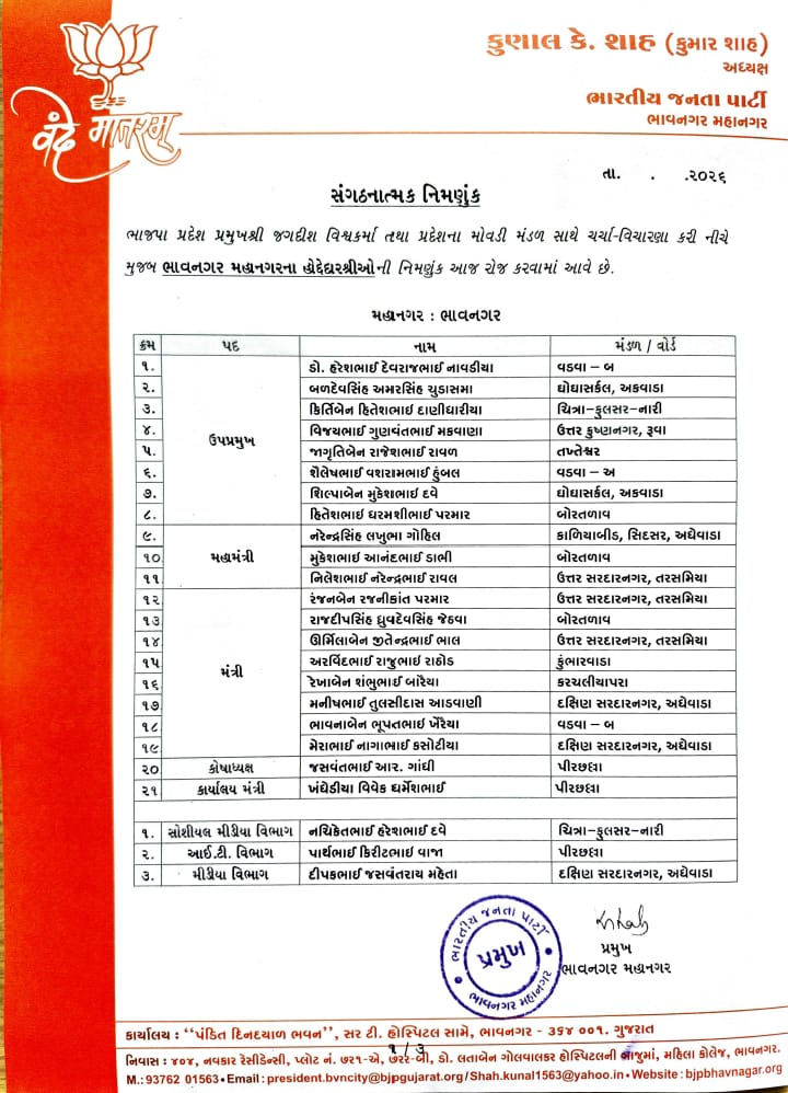 ભાવનગર-રાજકોટ શહેર ભાજપના નવા હોદ્દેદારોની નિમણૂક, જુઓ યાદી 2 - image
