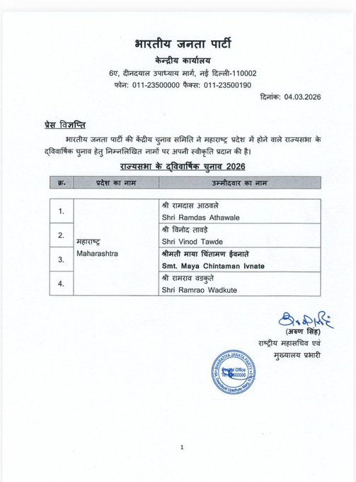 ભાજપે રાજ્યસભા માટે વધુ 4 ઉમેદવાર જાહેર કર્યા: આઠવલેને ફરી તક તો વિનોદ તાવડેની પહેલીવાર એન્ટ્રી 2 - image
