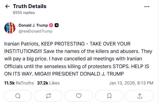 ઈરાનમાં આંદોલનકારીઓને ટ્રમ્પનો મેસેજ, કહ્યું- 'તમારી મદદ રસ્તામાં છે, વિરોધ ચાલુ રાખો' 2 - image