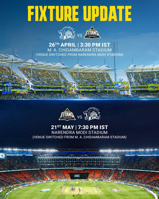 IPL 2026: ગુજરાત ટાઈટન્સ અને ચેન્નાઈ સુપર કિંગ્સની 2 મેચના શેડ્યુલમાં ફેરફાર, BCCIનો મોટો નિર્ણય 2 - image