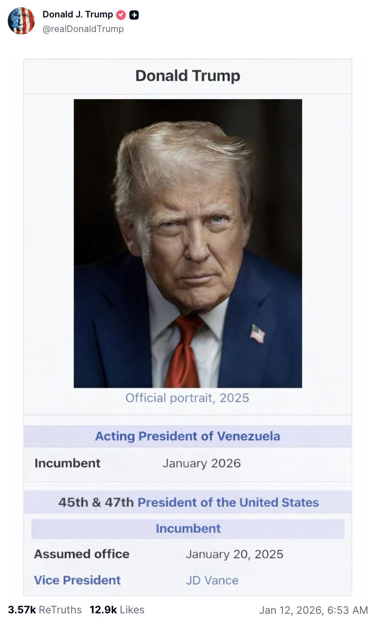 'ગજબ' આપખુદશાહી : ડોનાલ્ડ ટ્રમ્પે ખુદને વેનેઝુએલાના 'એક્ટિંગ પ્રેસિડેન્ટ' જાહેર કર્યા 2 - image