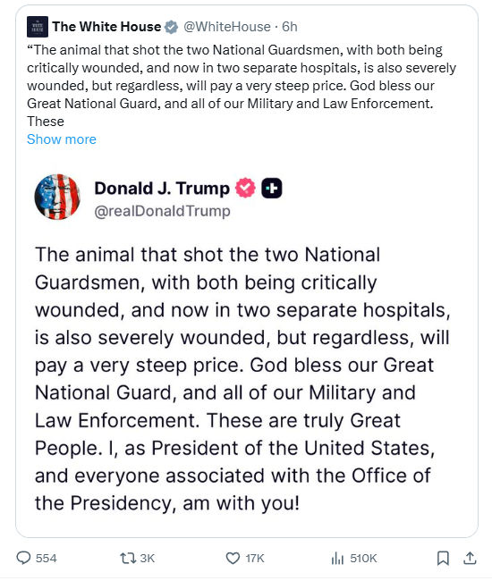 વ્હાઈટ હાઉસ નજીક હુમલાને આતંકી ઘટના ગણાવતા ટ્રમ્પે અફઘાની નાગરિકોની 'એન્ટ્રી' બૅન કરી 2 - image