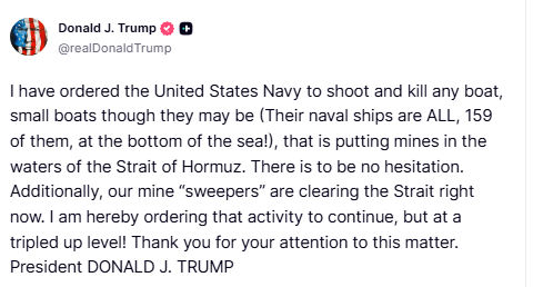 હોર્મુઝને લઈને ટ્રમ્પનો નવો આદેશ, કહ્યું- 'ખાડીમાં માઈન્સ બિછાવતી તમામ બોટ્સને જોતા જ ઉડાવી દો'; ફરી યુદ્ધ થશે? 2 - image
